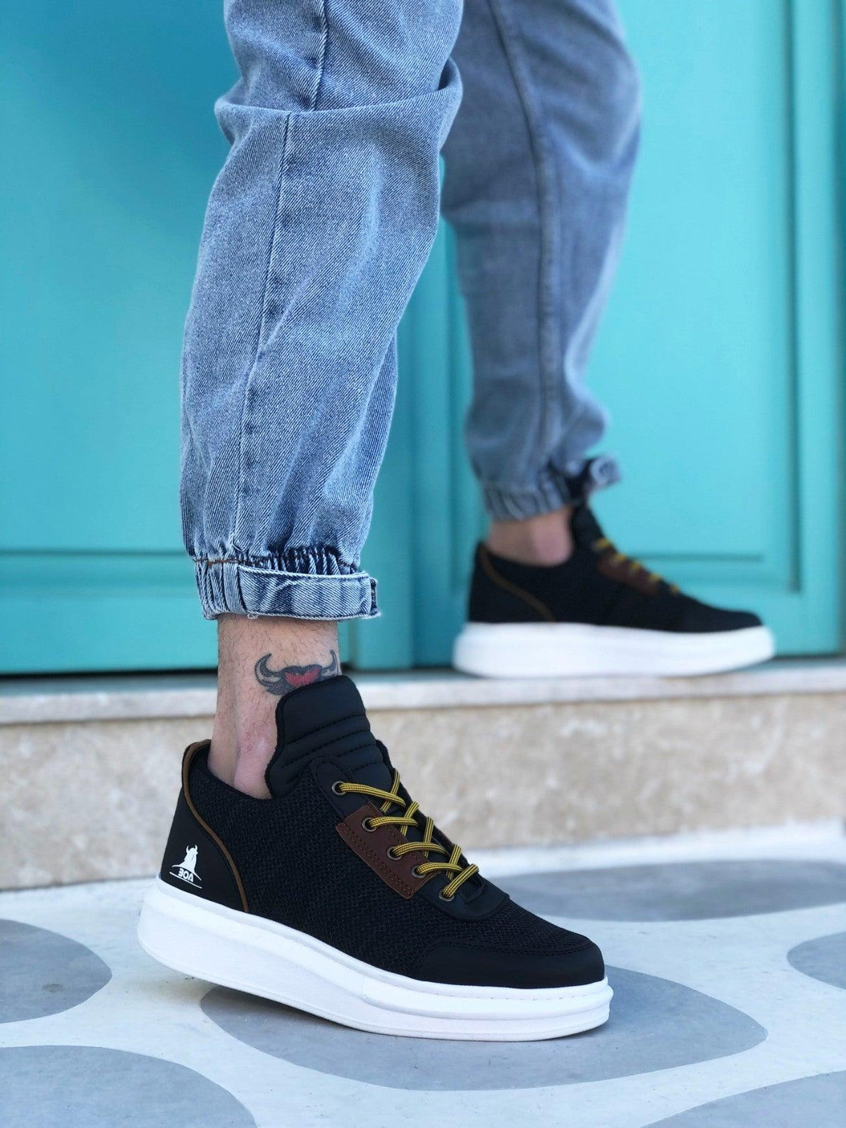 BA0606 Lace-up Comfortable High Sole Black Patterned Casual Men's Sneakers - STREET MODE ™