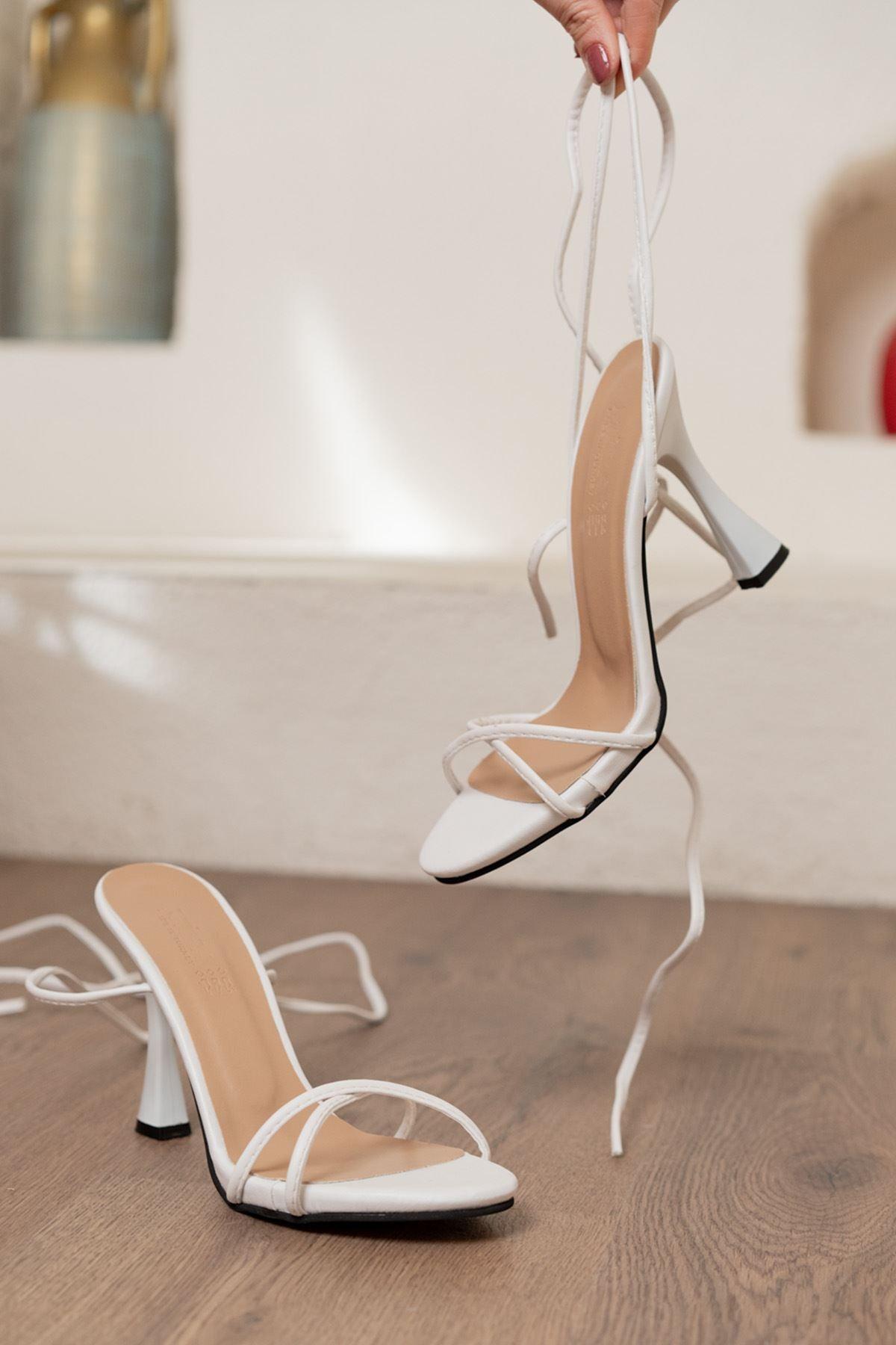 Bestia White Skin Ankle Tie Detailed High Heels Women's Shoes - STREET MODE ™