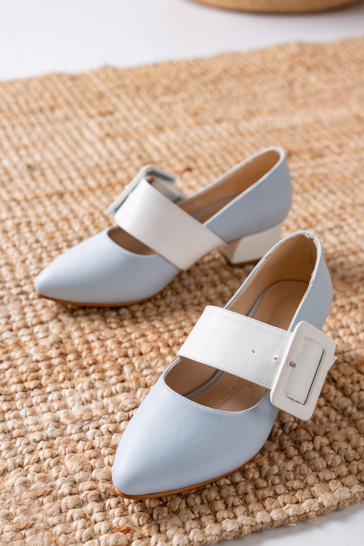 Women's Canso Bebe Blue - White Skin Buckle Detailed Pointed Toe Low Heels Women's Shoes - STREET MODE ™
