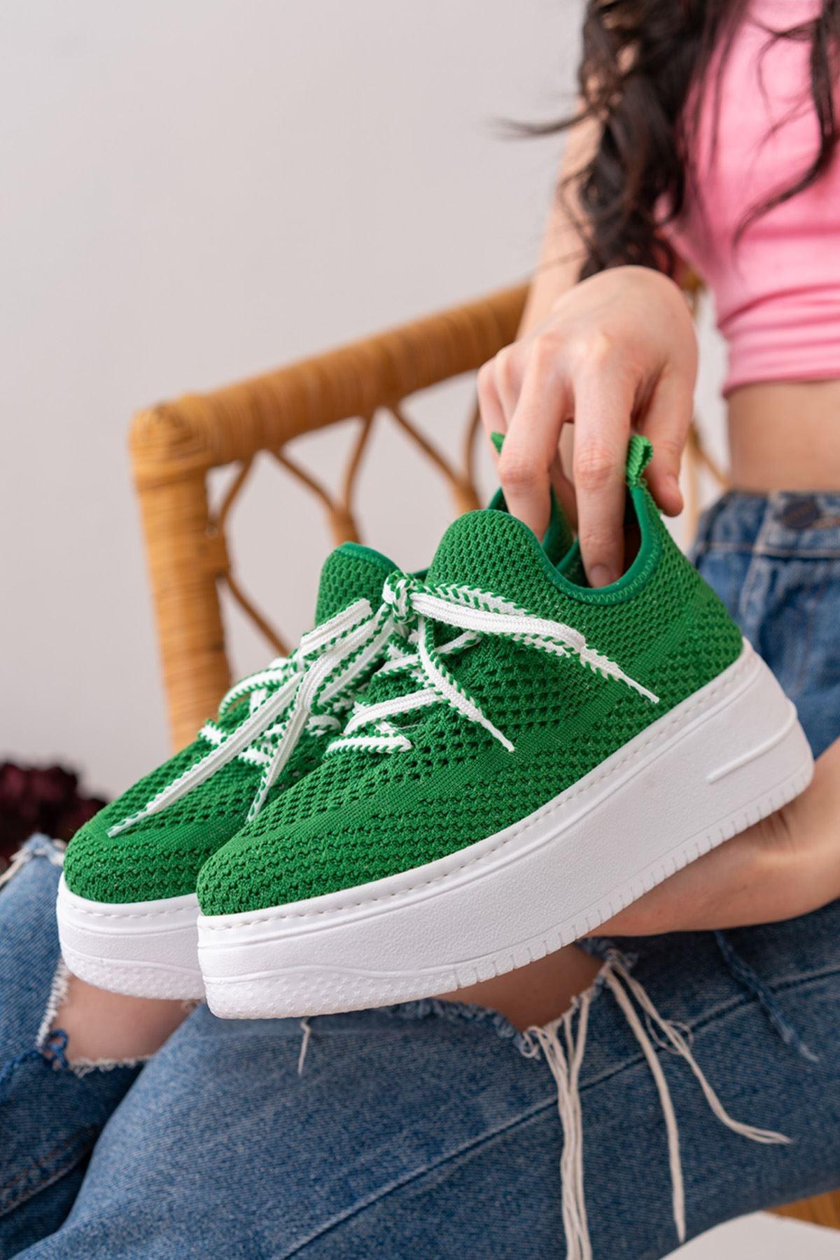 Women's Grito Green Knitwear Stretch Thick Soled Sneakers shoes - STREET MODE ™