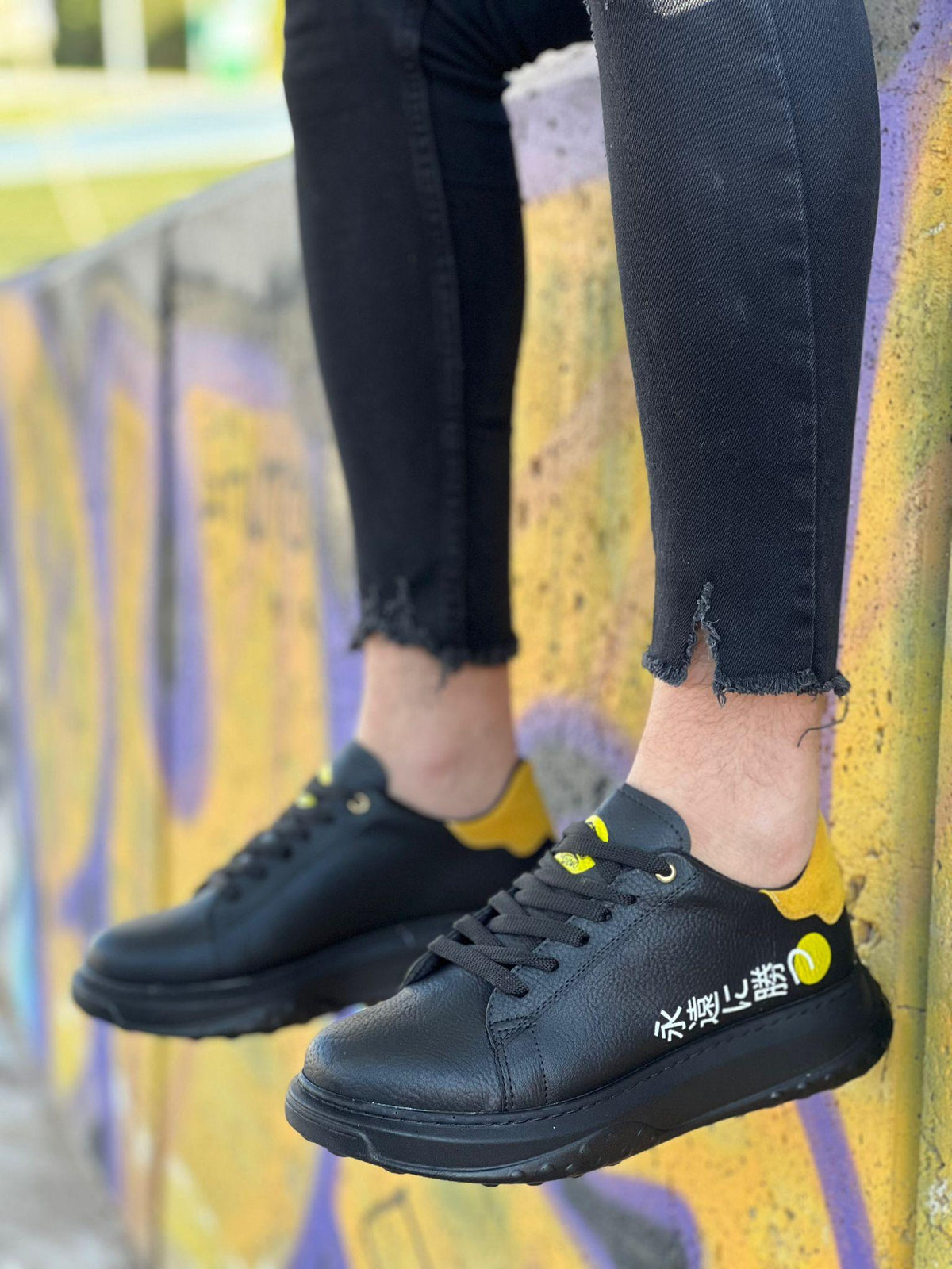 KB-172 Lace-up Charcoal Yellow Casual Men's Sneakers Shoes - STREET MODE ™