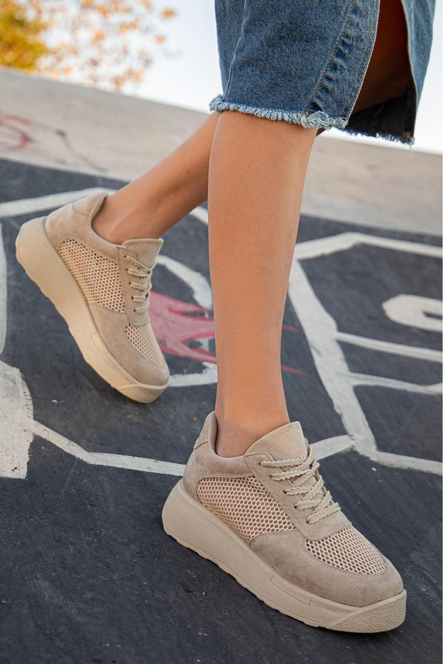 Women's Liam Cream Suede - Mesh Lace-Up Detail Thick Sole Sneakers