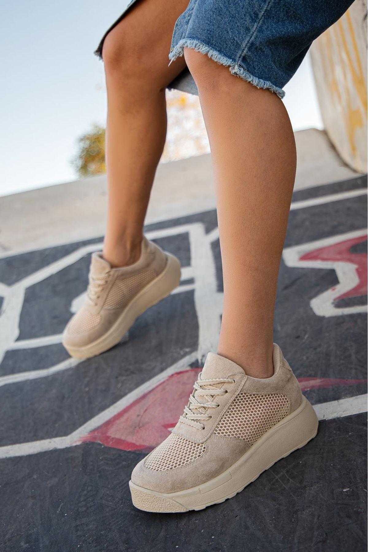 Women's Liam Cream Suede - Mesh Lace-Up Detail Thick Sole Sneakers shoes - STREET MODE ™