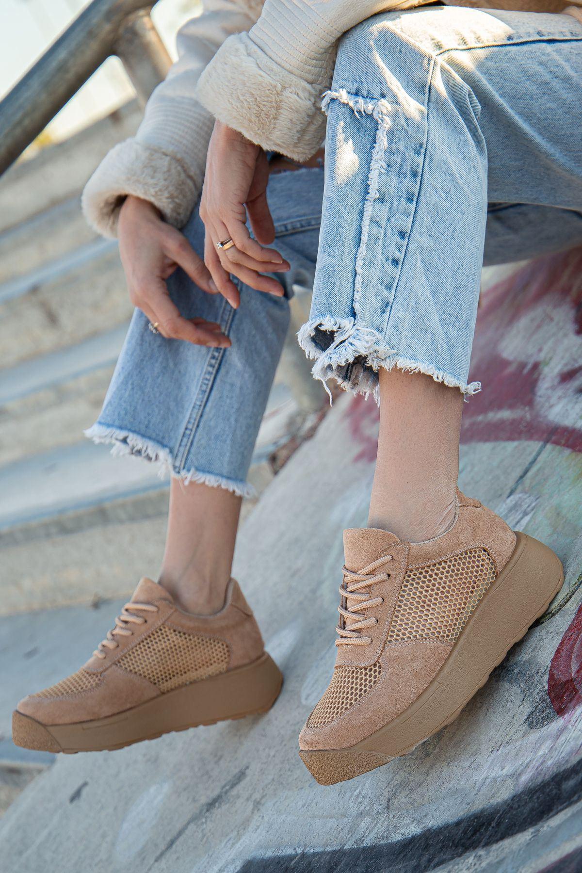 Women's Liam Nude Suede - Mesh Lace-Up Detail Thick Sole Sneakers Shoes - STREET MODE ™