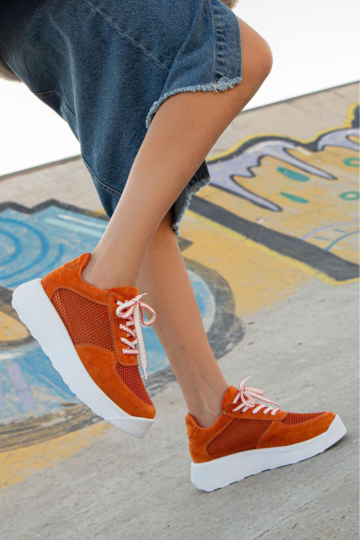 Women's Liam Orange Suede - Mesh Lace-Up Detail Thick Sole Sneakers shoes - STREET MODE ™