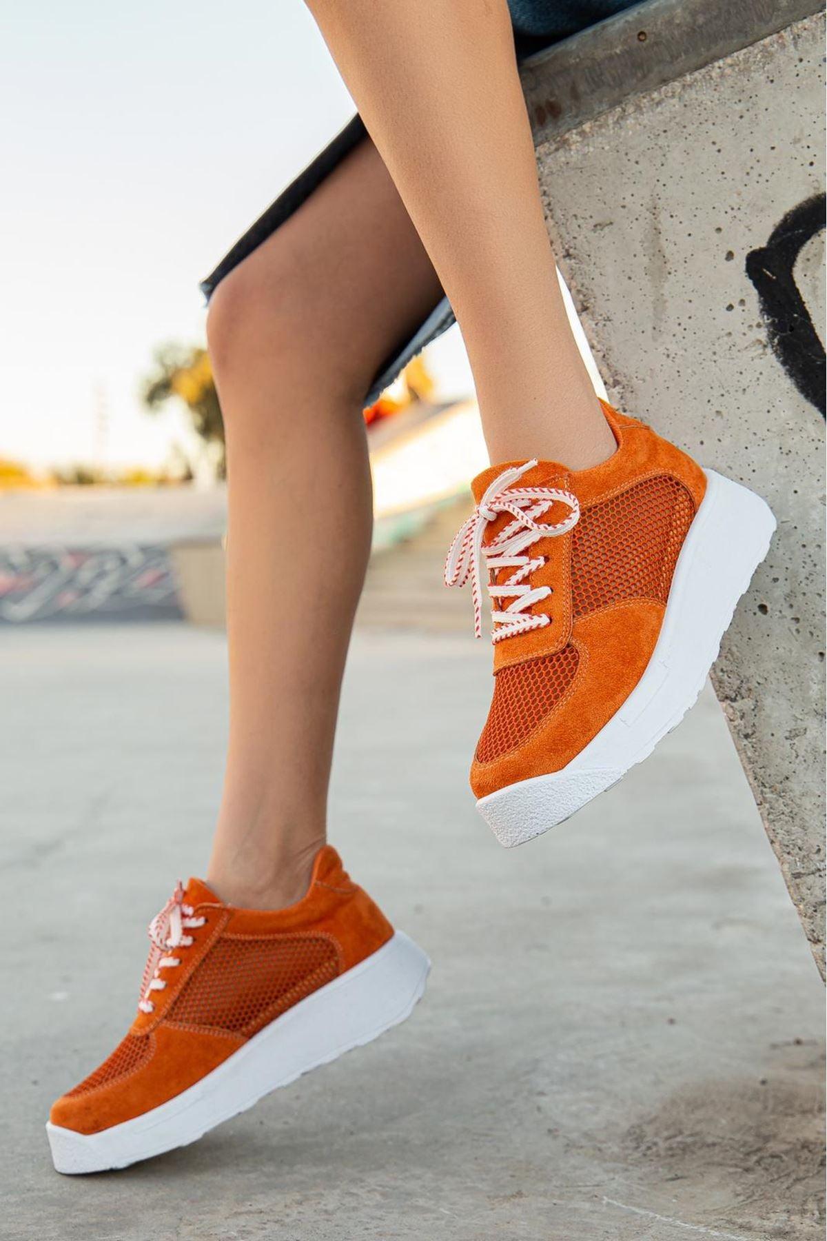 Women's Liam Orange Suede - Mesh Lace-Up Detail Thick Sole Sneakers shoes - STREET MODE ™