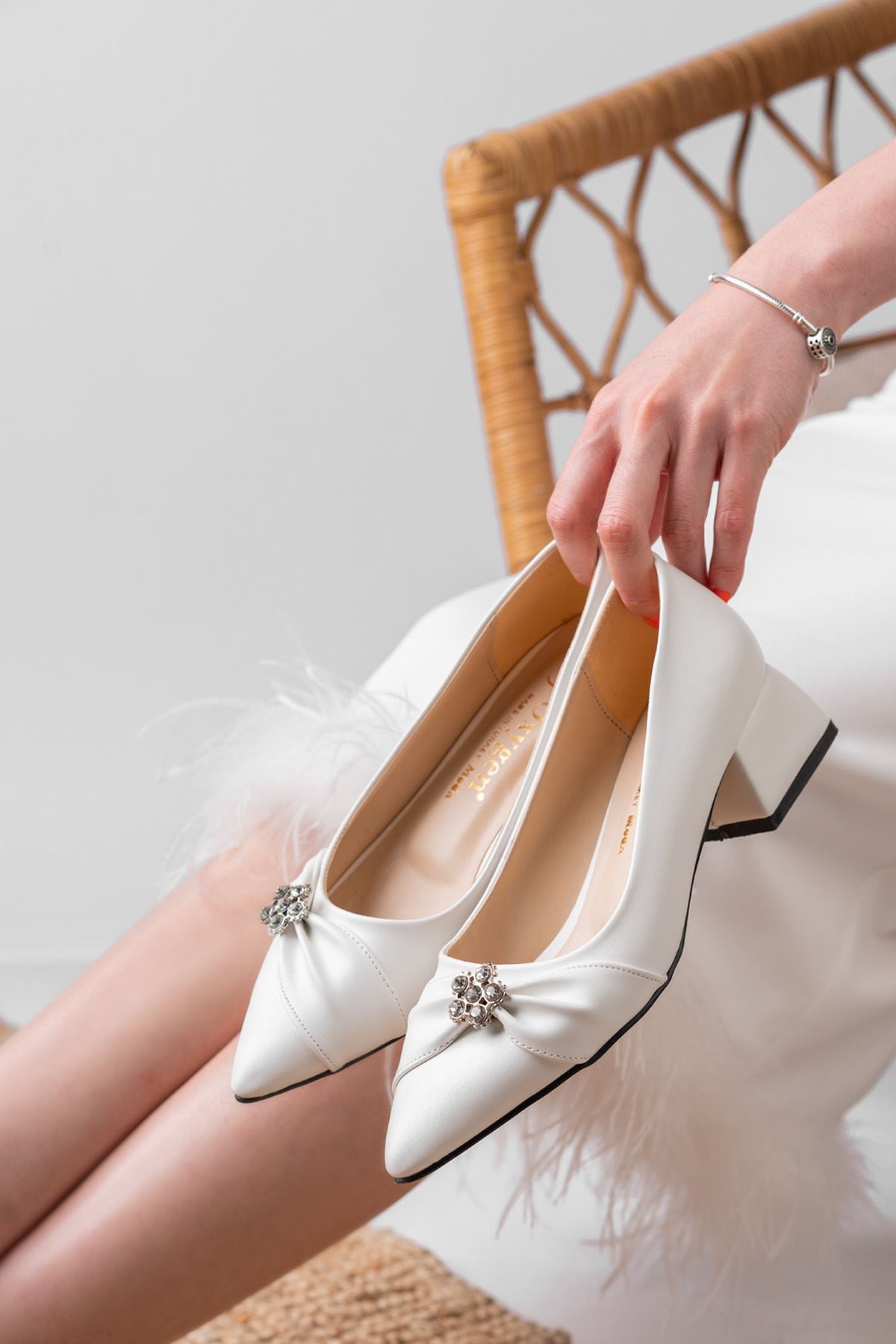 Lydia White Skin Stone Detailed Heeled Women's Shoes - STREET MODE ™