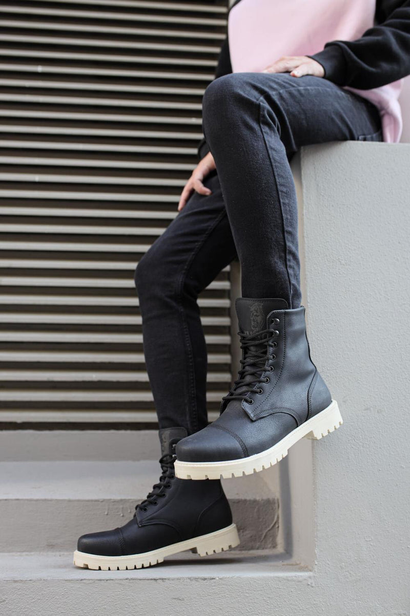 Men's High Sole Boots B-022 Black (White Sole) - STREET MODE ™