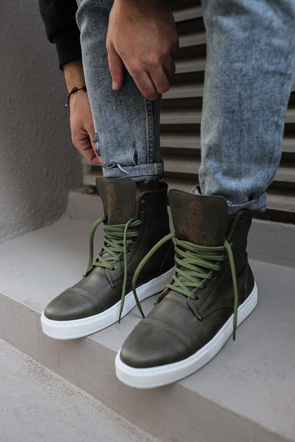 Mens Sneaker Long Sport Military Boots 022 Khaki - STREET MODE ™