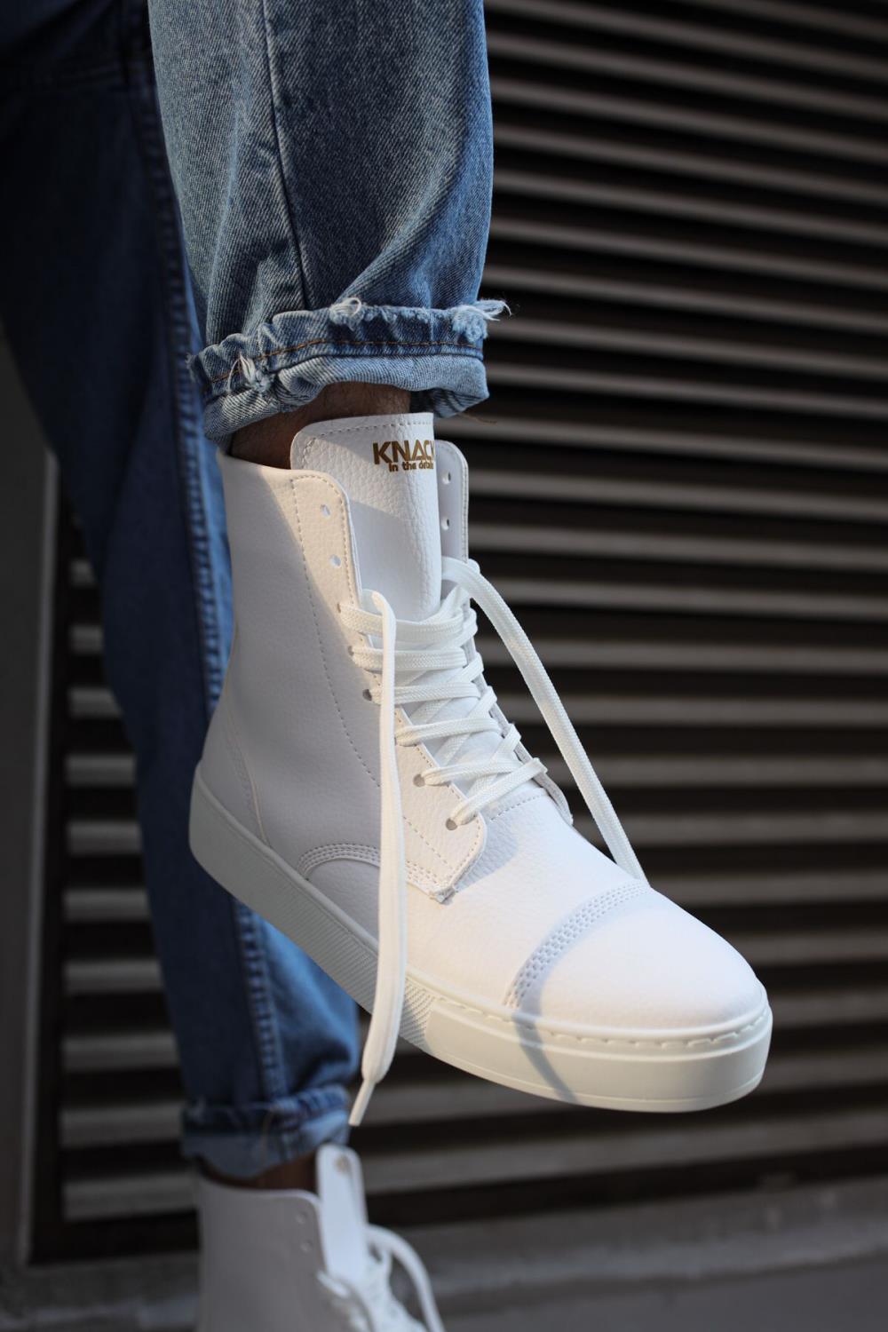 Mens Sneaker  Long Sport Military Boots 022 White - STREET MODE ™
