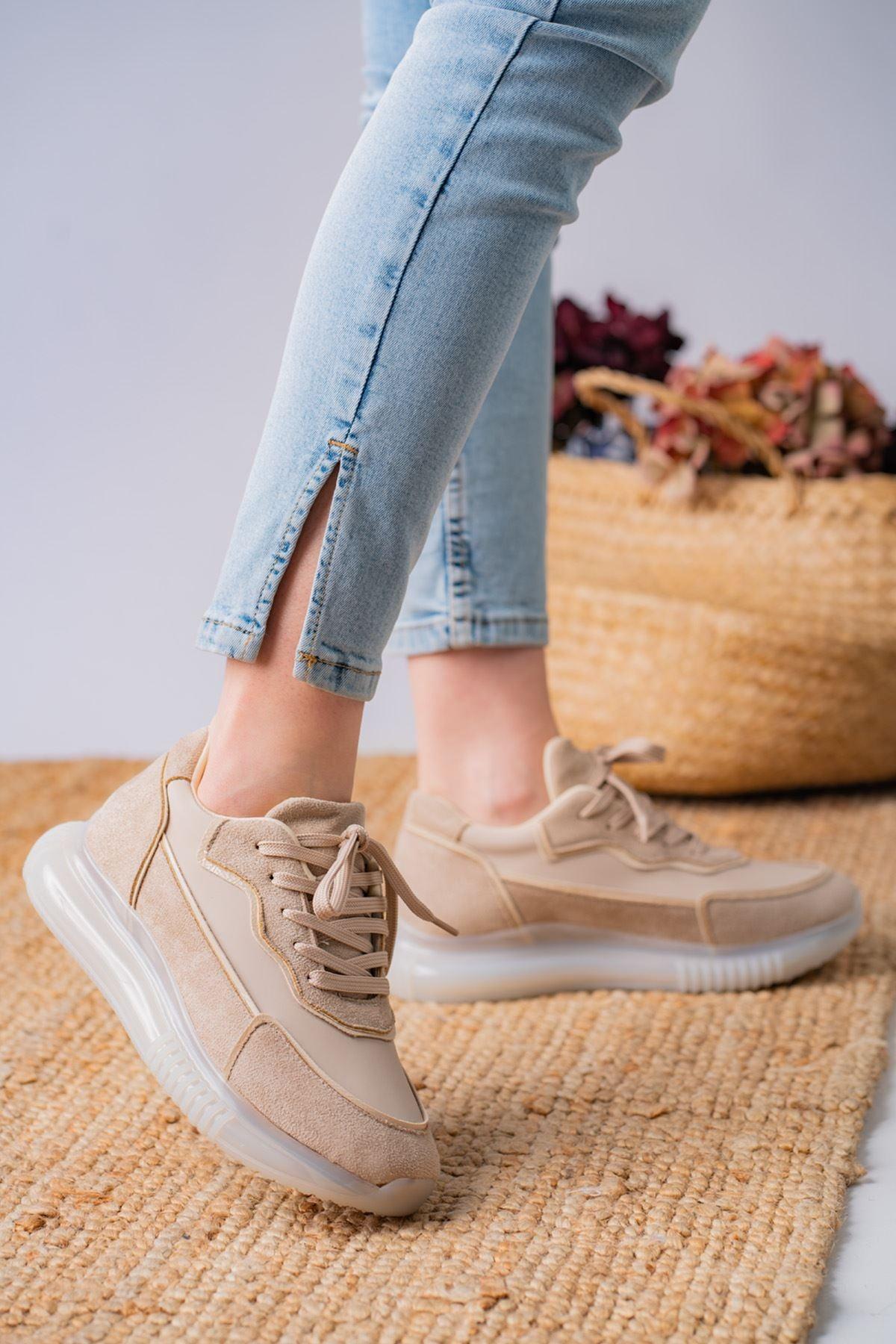 Women's Orcena Beige Suede Mesh Detailed Thick Sole Sneakers Shoes - STREET MODE ™
