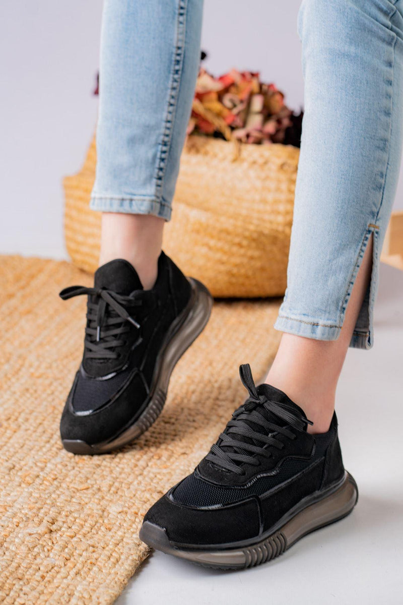Women's Orcena Black Suede Mesh Detailed Thick Sole Sneakers Shoes - STREET MODE ™
